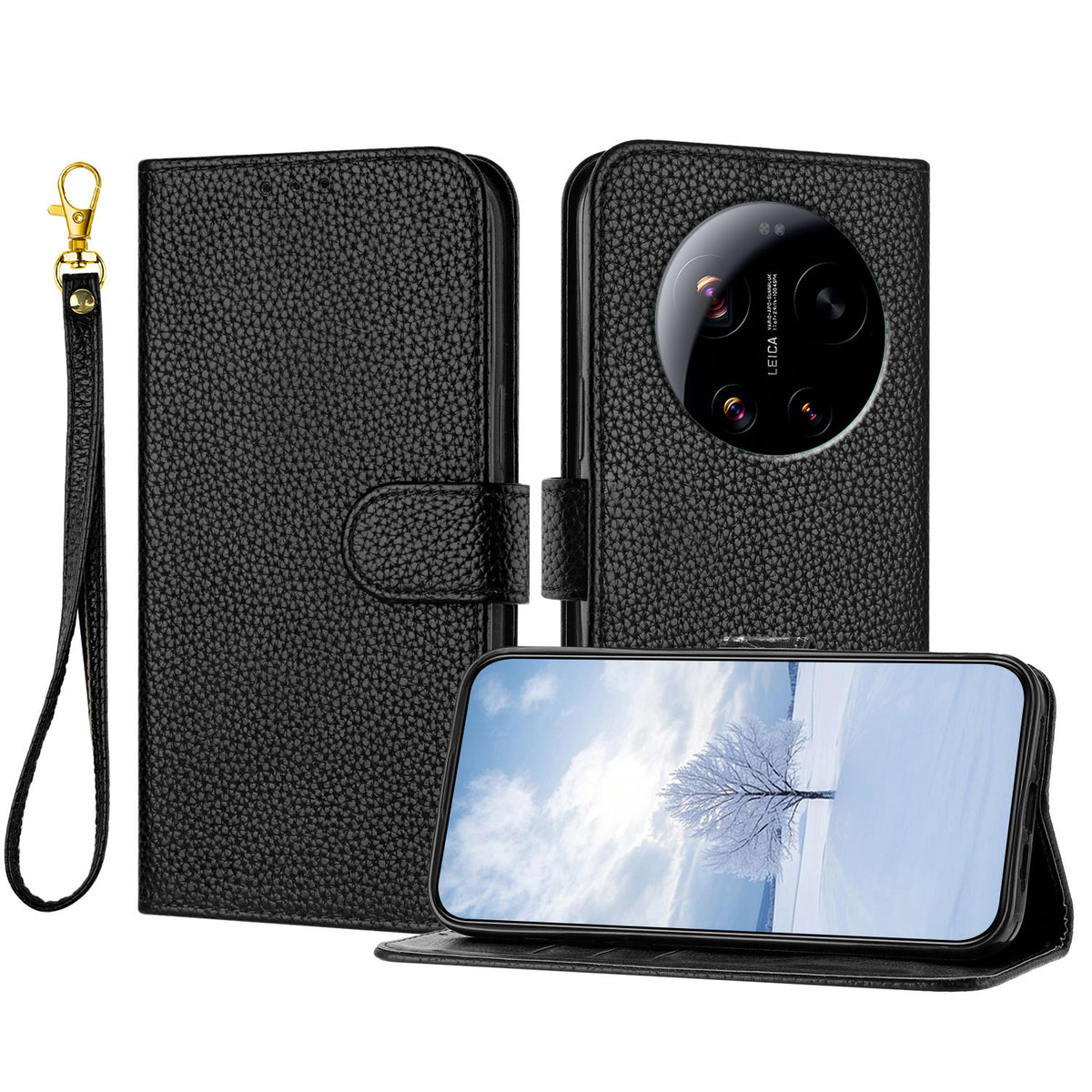 For Xiaomi 17 Ultra 5G Leather Case Litchi Texture Wallet Stand Anti Drop Phone Cover with Wrist Strap