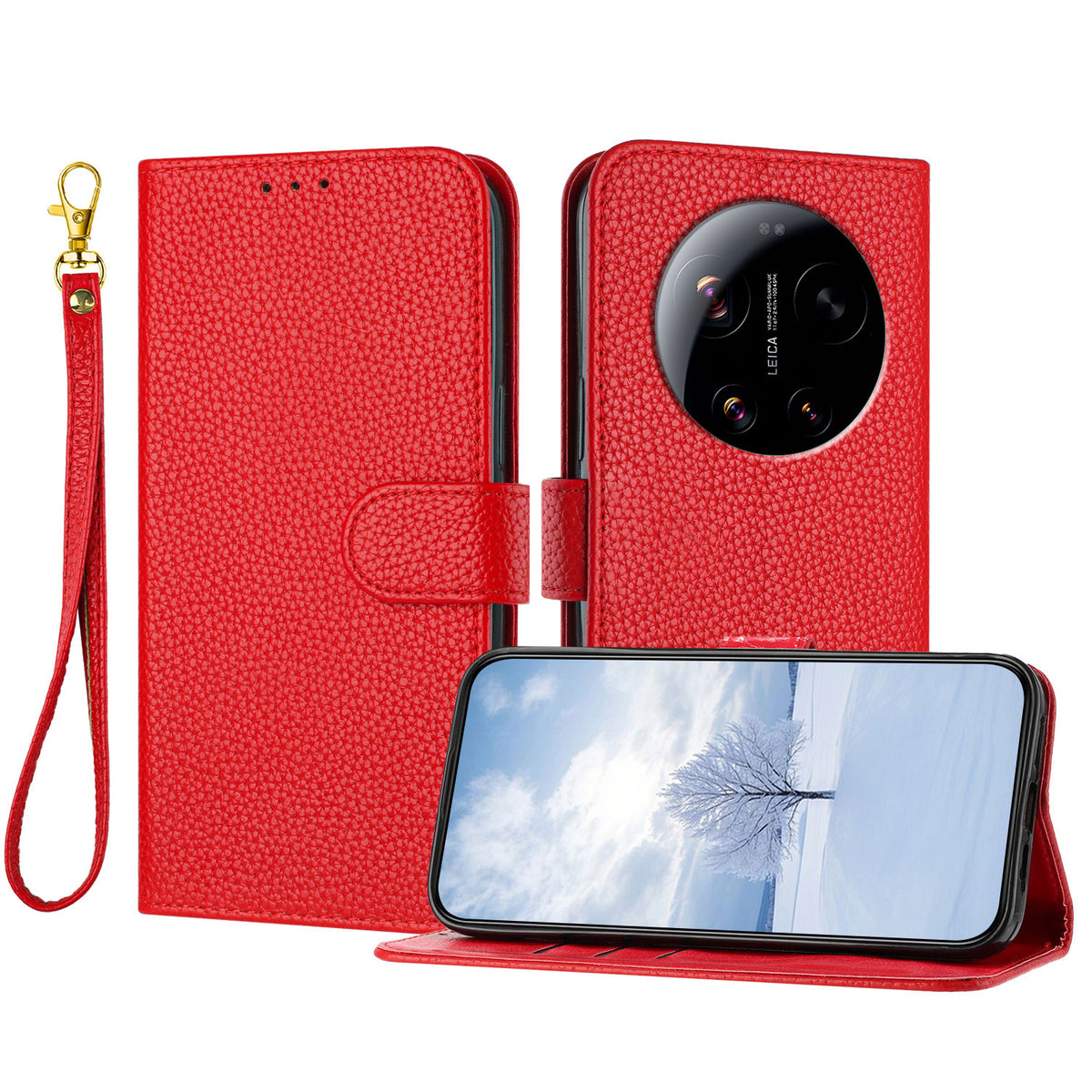 For Xiaomi 17 Ultra 5G Leather Case Litchi Texture Wallet Stand Anti Drop Phone Cover with Wrist Strap