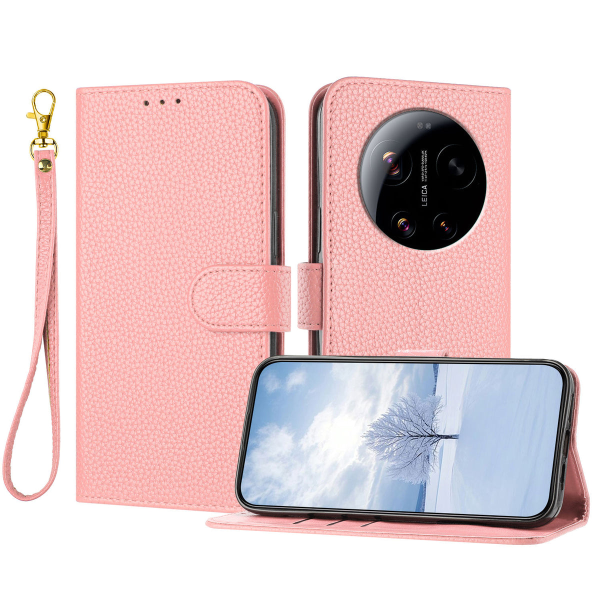 For Xiaomi 17 Ultra 5G Leather Case Litchi Texture Wallet Stand Anti Drop Phone Cover with Wrist Strap