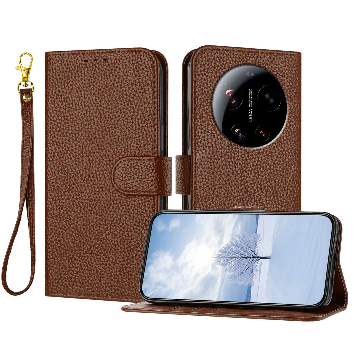 For Xiaomi 17 Ultra 5G Leather Case Litchi Texture Wallet Stand Anti Drop Phone Cover with Wrist Strap
