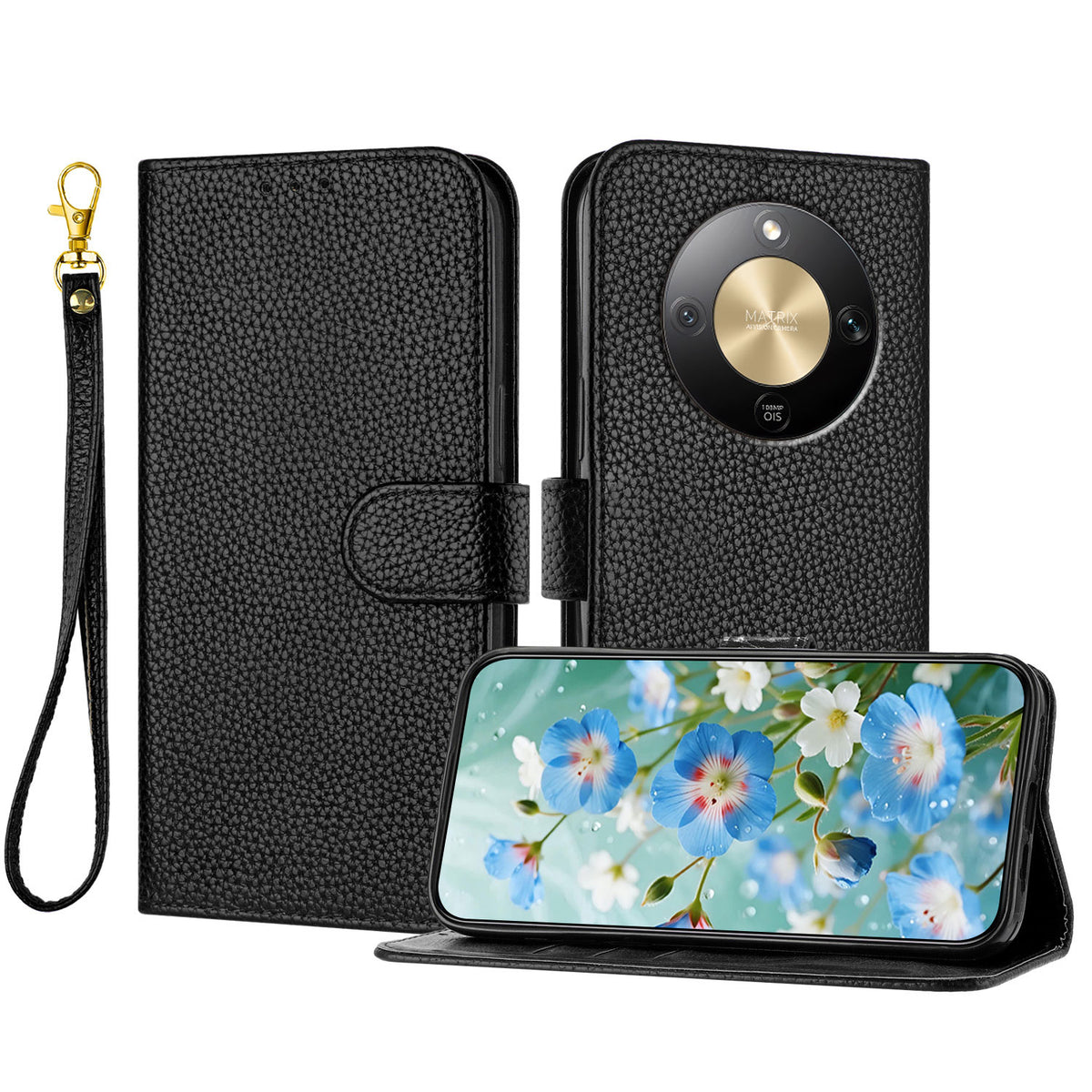 For Honor X70 5G / Honor Magic8 Lite 5G / Honor X9d 5G Leather Case Litchi Texture Wallet Stand Anti Drop Phone Cover with Wrist Strap