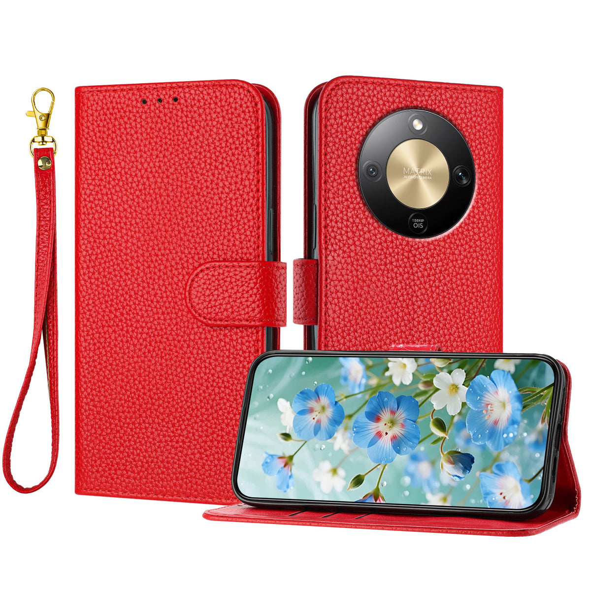 For Honor X70 5G / Honor Magic8 Lite 5G / Honor X9d 5G Leather Case Litchi Texture Wallet Stand Anti Drop Phone Cover with Wrist Strap