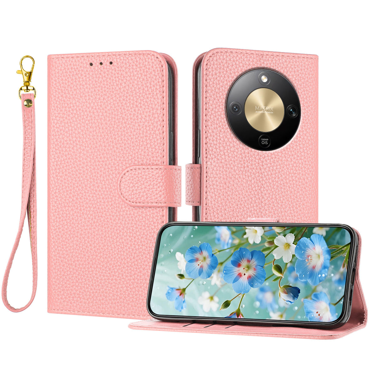 For Honor X70 5G / Honor Magic8 Lite 5G / Honor X9d 5G Leather Case Litchi Texture Wallet Stand Anti Drop Phone Cover with Wrist Strap