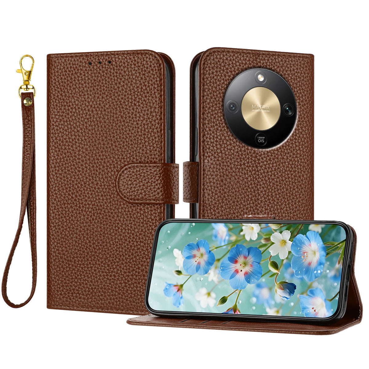 For Honor X70 5G / Honor Magic8 Lite 5G / Honor X9d 5G Leather Case Litchi Texture Wallet Stand Anti Drop Phone Cover with Wrist Strap