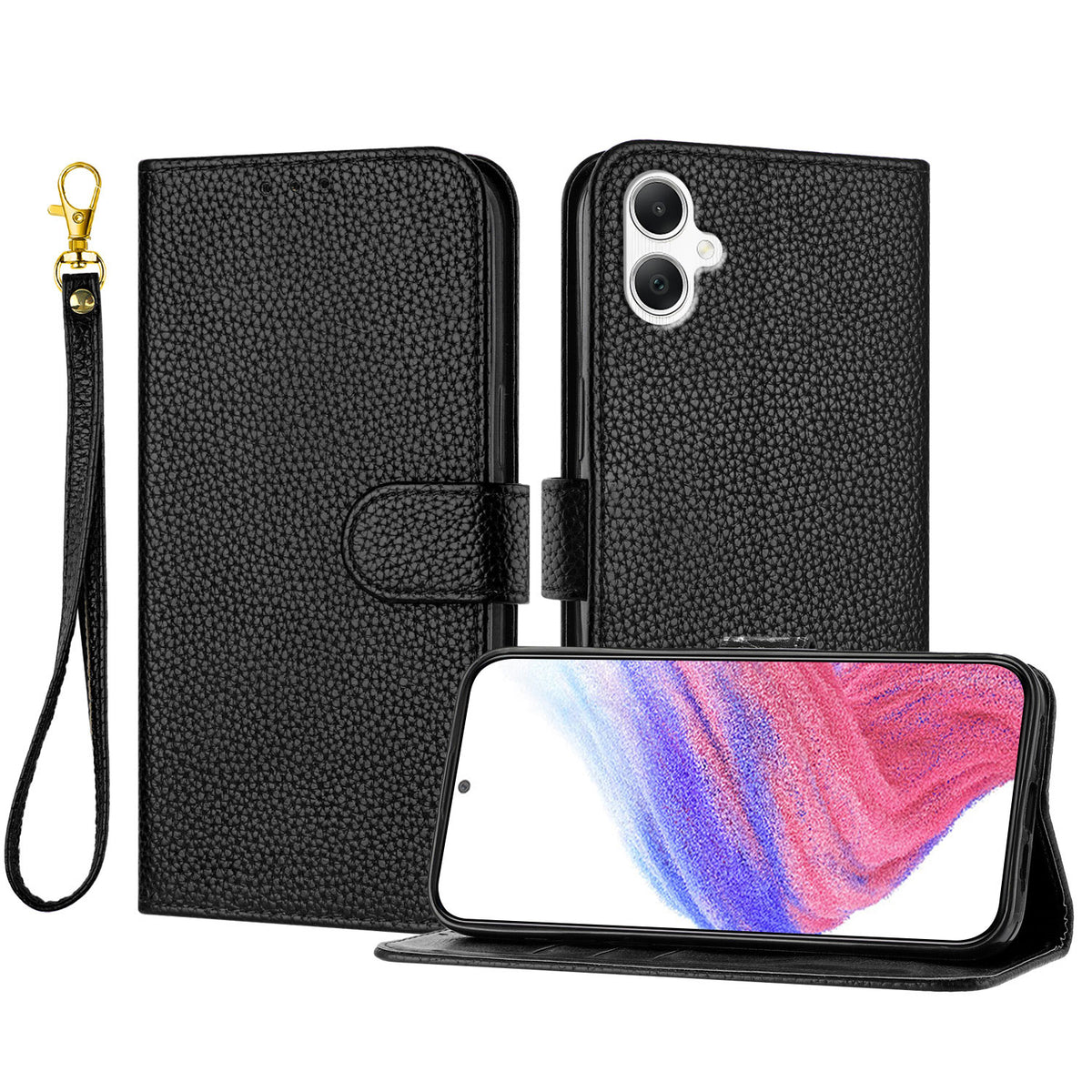 Samsung Galaxy A08 5G / A08 4G / A07 5G / A07 4G / A07s 4G / A06 5G / A06 4G Läderfodral Litchitextur Plånboksfodral med stativ, fallskydd och handledsrem