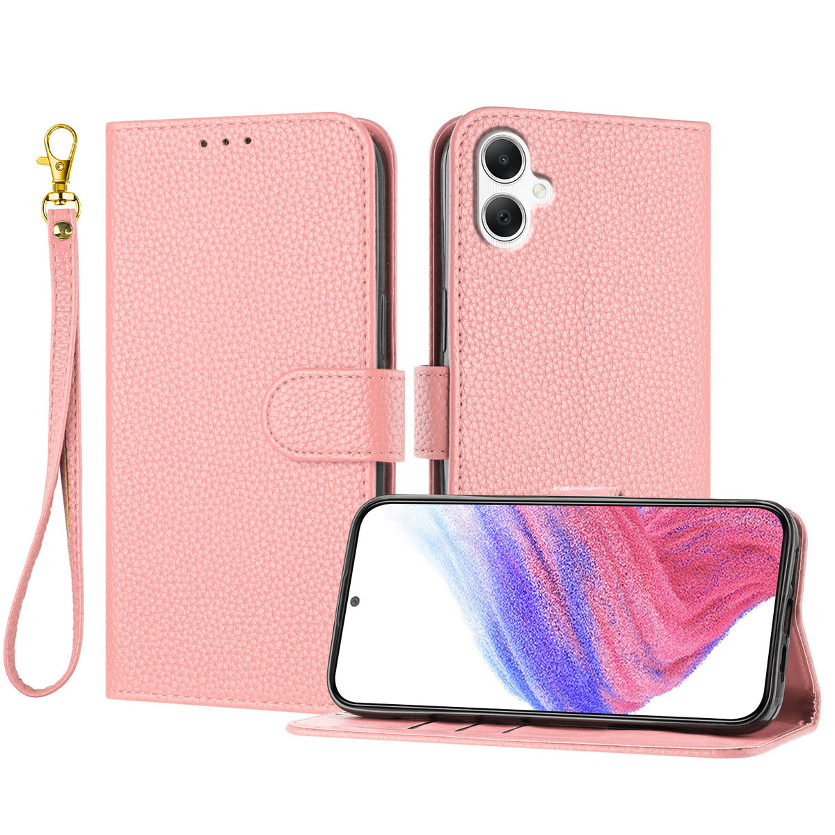 Samsung Galaxy A08 5G / A08 4G / A07 5G / A07 4G / A07s 4G / A06 5G / A06 4G Läderfodral Litchitextur Plånboksfodral med stativ, fallskydd och handledsrem
