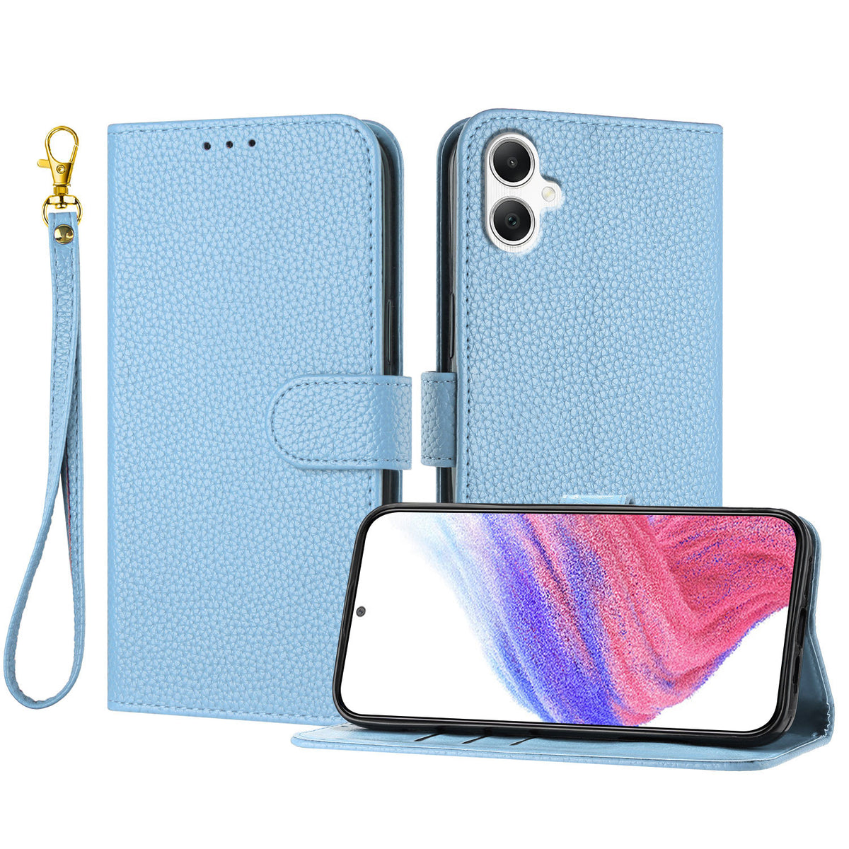Samsung Galaxy A08 5G / A08 4G / A07 5G / A07 4G / A07s 4G / A06 5G / A06 4G Läderfodral Litchitextur Plånboksfodral med stativ, fallskydd och handledsrem
