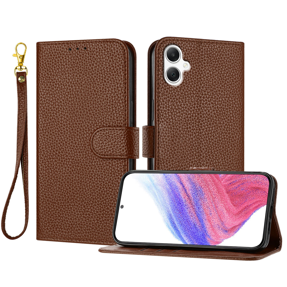 Samsung Galaxy A08 5G / A08 4G / A07 5G / A07 4G / A07s 4G / A06 5G / A06 4G Läderfodral Litchitextur Plånboksfodral med stativ, fallskydd och handledsrem