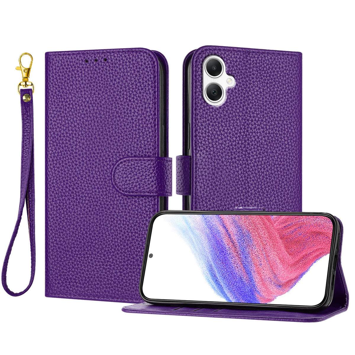 Samsung Galaxy A08 5G / A08 4G / A07 5G / A07 4G / A07s 4G / A06 5G / A06 4G Läderfodral Litchitextur Plånboksfodral med stativ, fallskydd och handledsrem