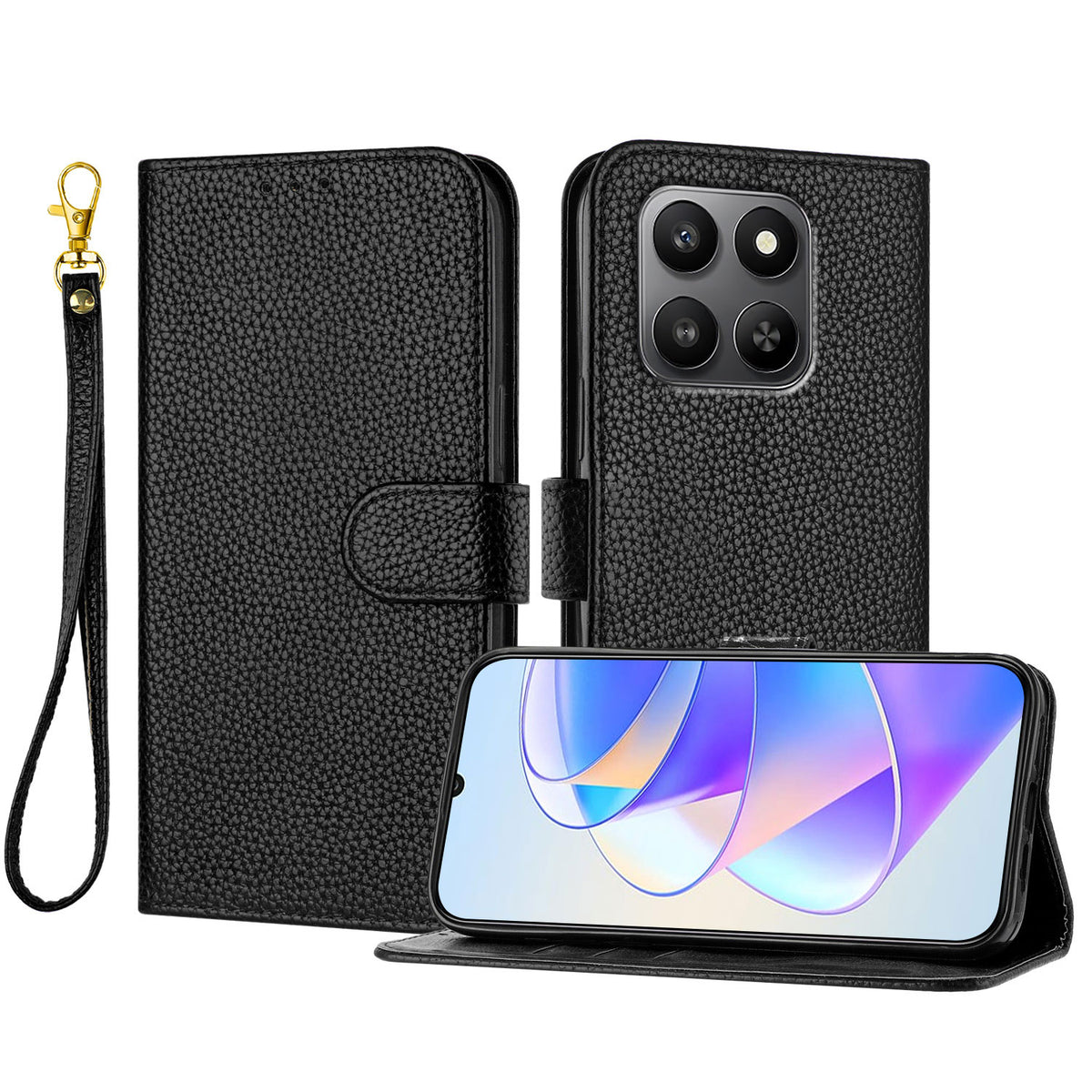 For Honor 400 Smart 4G / Honor 400 Smart 5G / Honor X7d 4G Leather Case Litchi Texture Wallet Stand Anti Drop Phone Cover with Wrist Strap