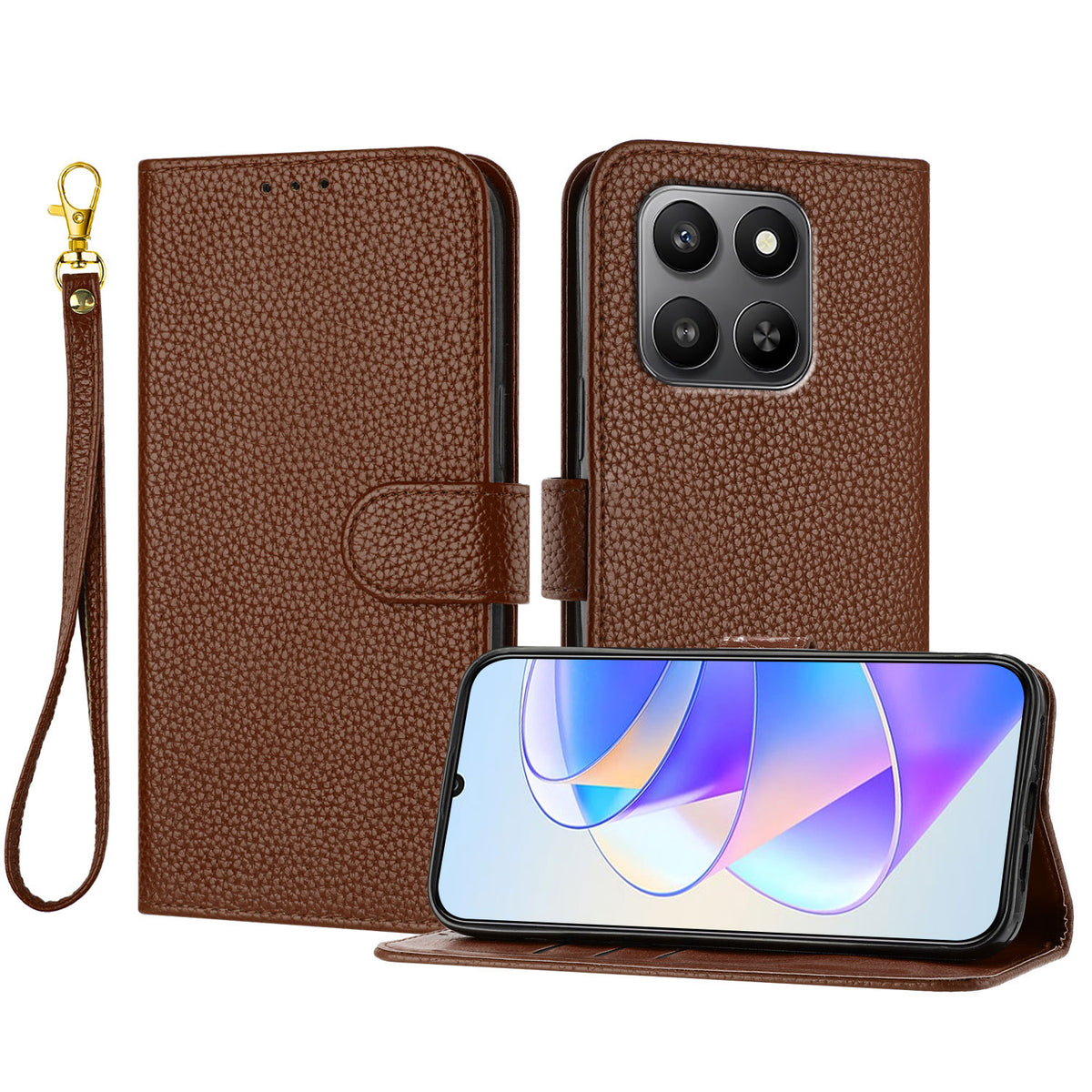 For Honor 400 Smart 4G / Honor 400 Smart 5G / Honor X7d 4G Leather Case Litchi Texture Wallet Stand Anti Drop Phone Cover with Wrist Strap
