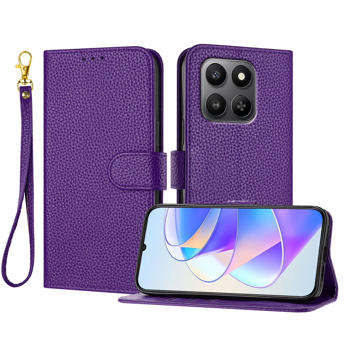 For Honor 400 Smart 4G / Honor 400 Smart 5G / Honor X7d 4G Leather Case Litchi Texture Wallet Stand Anti Drop Phone Cover with Wrist Strap