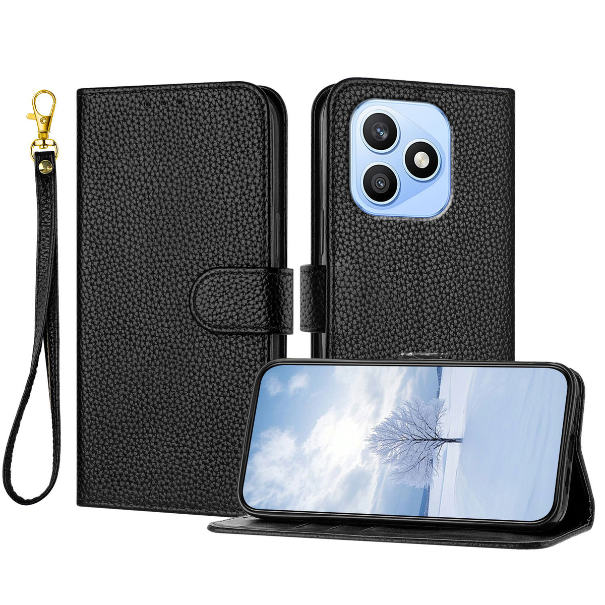 For Honor X8d 4G Leather Case Litchi Texture Wallet Stand Anti Drop Phone Cover with Wrist Strap