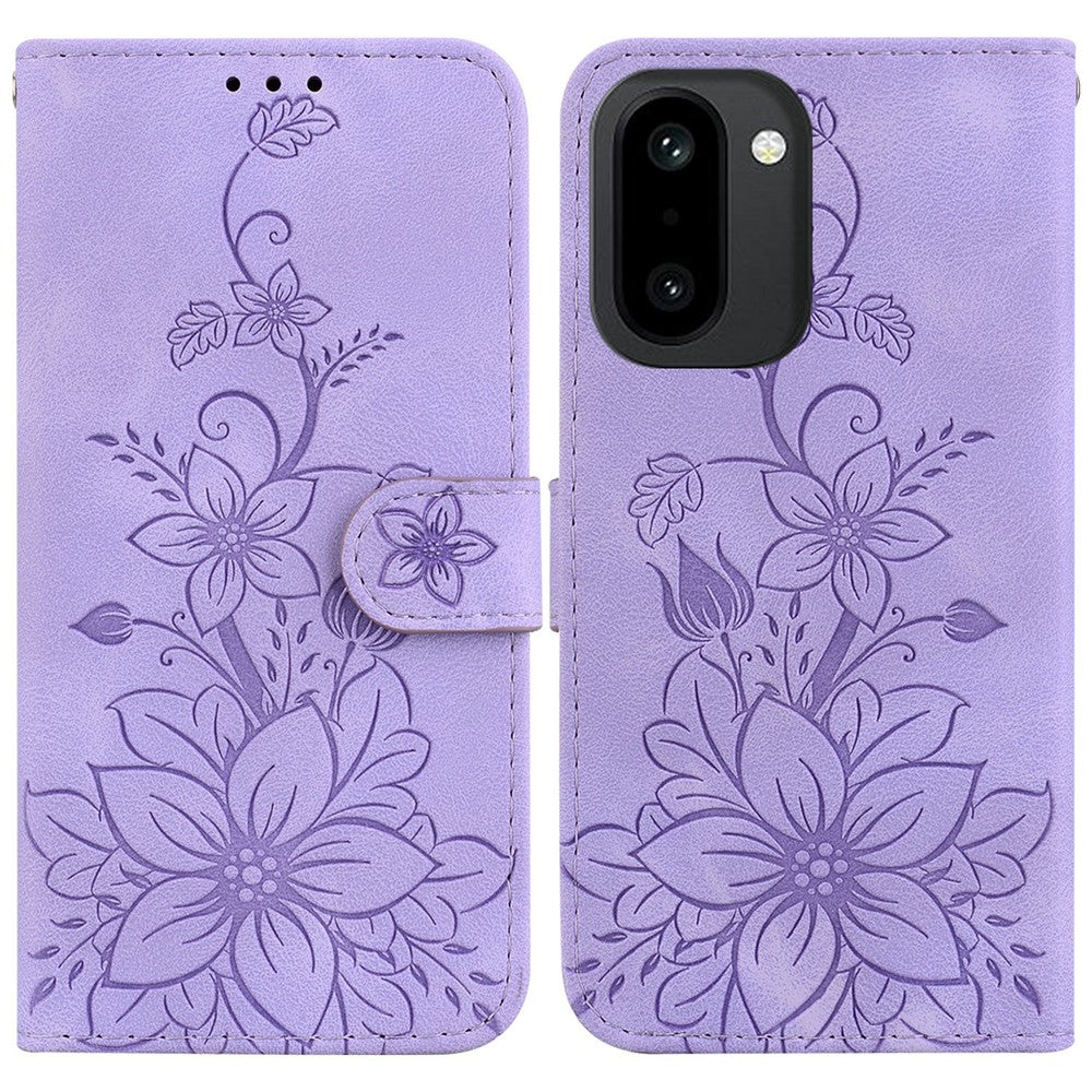 Stand Case For OnePlus Ace 6 5G / Ace 6T 5G / 15R 5G Lily Flower Imprint Leather Phone Cover with Wrist Strap