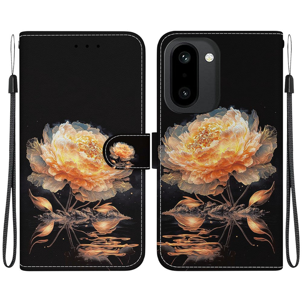 For OnePlus Ace 6 5G / 15R 5G / Ace 6T 5G Wallet Phone Case Anti-Drop Pattern Printing Leather Flip Cover with Strap - Purple Peony