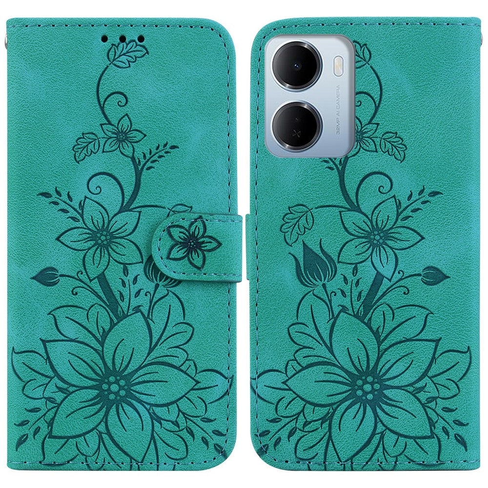 Xiaomi Redmi 15a 5G / R70 5G / R70m 5G stativetui med Lily Flower-aftryk, lædermobilcover med håndledsrem