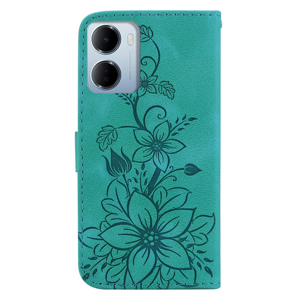 Xiaomi Redmi 15a 5G / R70 5G / R70m 5G stativetui med Lily Flower-aftryk, lædermobilcover med håndledsrem