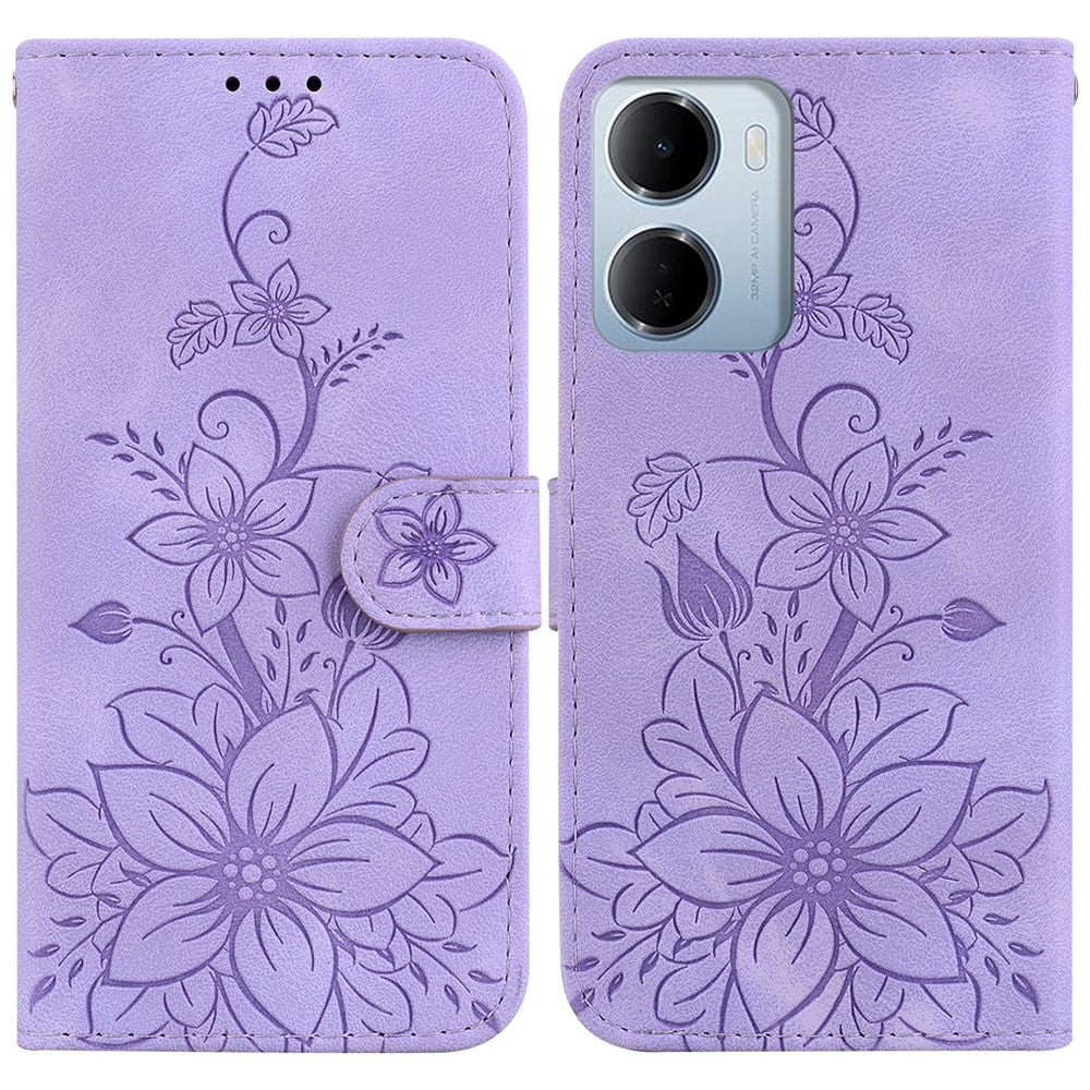 Xiaomi Redmi 15a 5G / R70 5G / R70m 5G stativetui med Lily Flower-aftryk, lædermobilcover med håndledsrem
