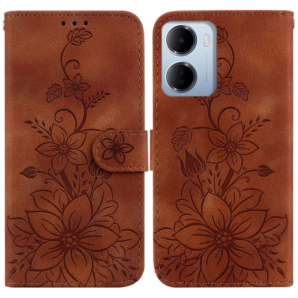 Xiaomi Redmi 15a 5G / R70 5G / R70m 5G stativetui med Lily Flower-aftryk, lædermobilcover med håndledsrem