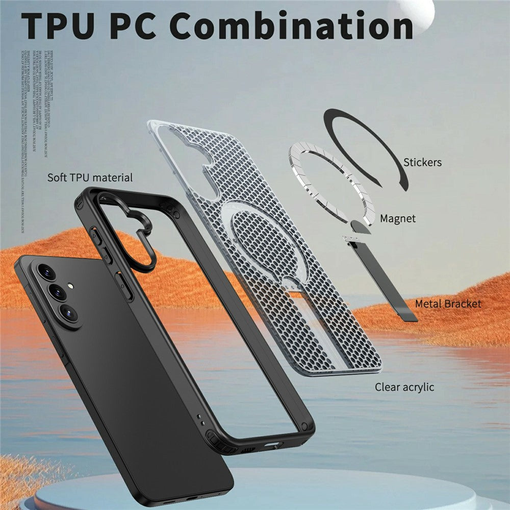 For Samsung Galaxy A37 5G Magnetic Case Kickstand Grid Texture TPU PC Phone Back Cover