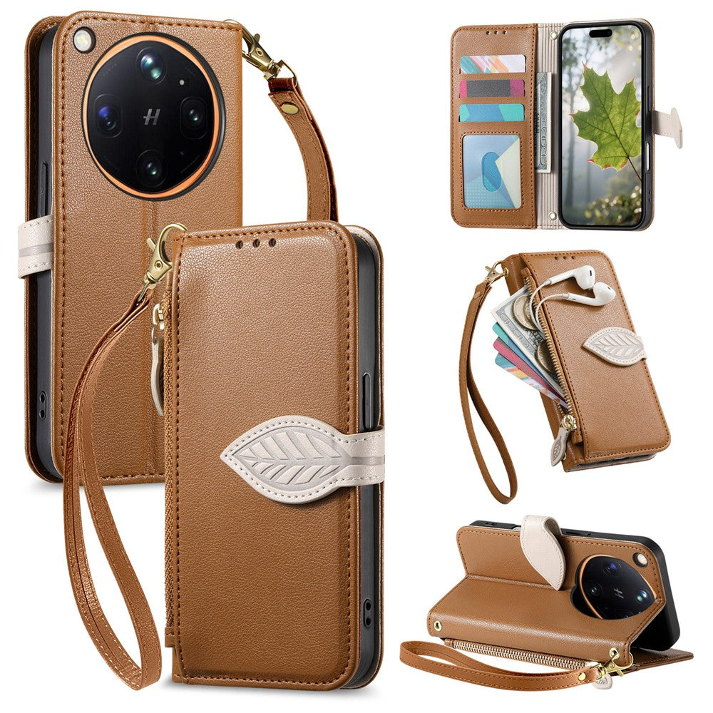 For Oppo Find X9 Ultra 5G Stand Case Leaf Shape Magnetic Clasp Leather Phone Cover with Hand Strap