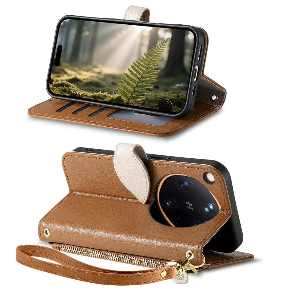 For Oppo Find X9 Ultra 5G Stand Case Leaf Shape Magnetic Clasp Leather Phone Cover with Hand Strap