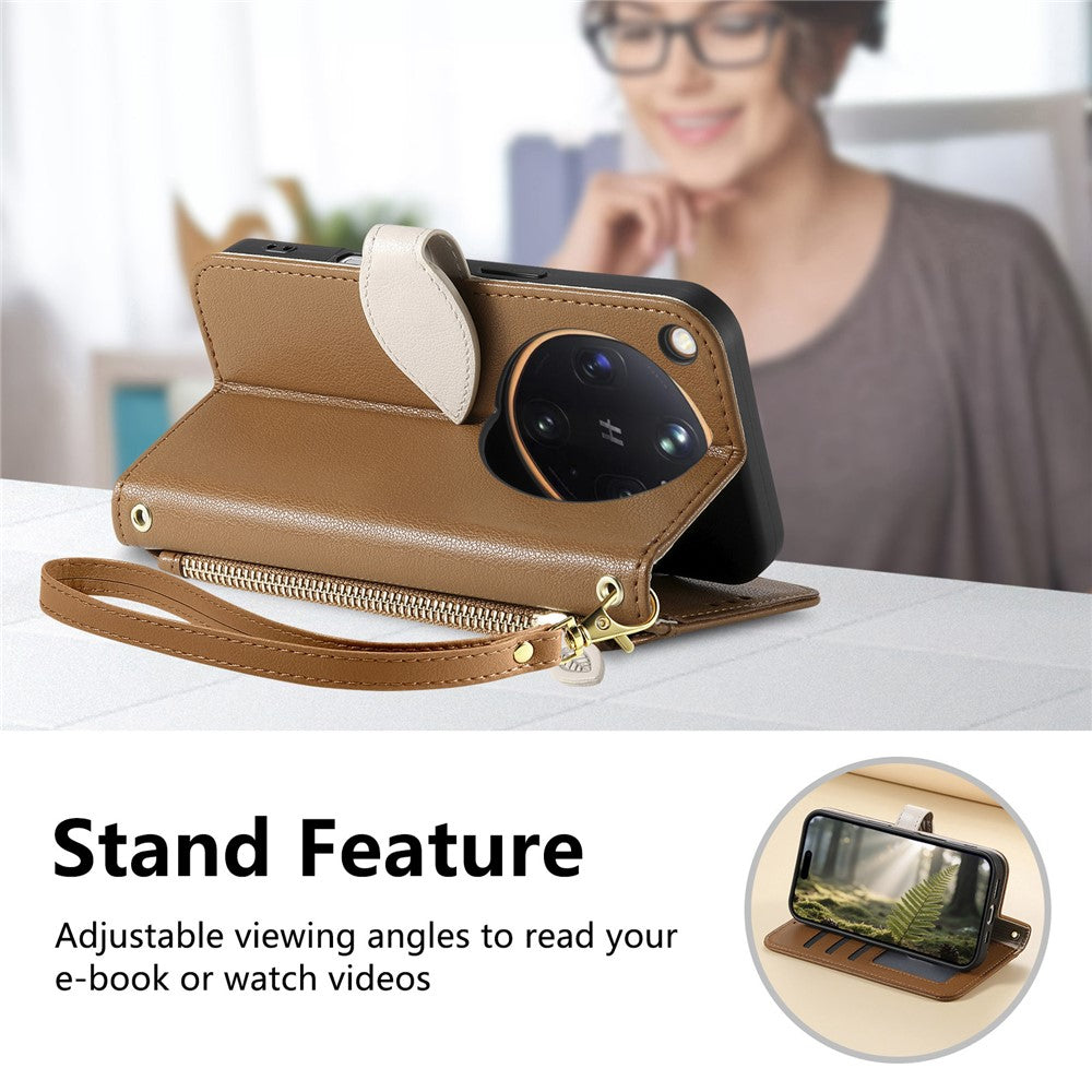 For Oppo Find X9 Ultra 5G Stand Case Leaf Shape Magnetic Clasp Leather Phone Cover with Hand Strap
