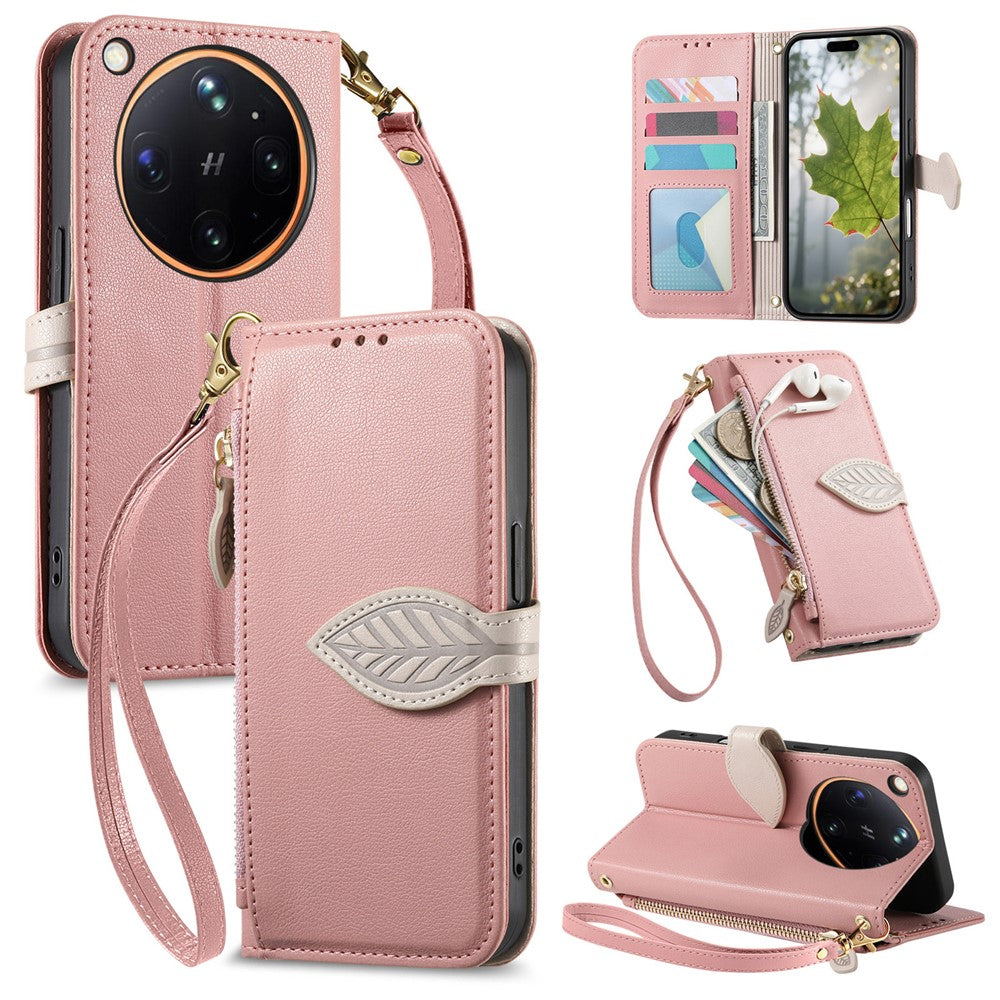 For Oppo Find X9 Ultra 5G Stand Case Leaf Shape Magnetic Clasp Leather Phone Cover with Hand Strap