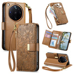 For Oppo Find X9 Ultra 5G Case Floral Leaf Pattern Multi Card Slots Zipper Leather Phone Cover with Wrist Strap
