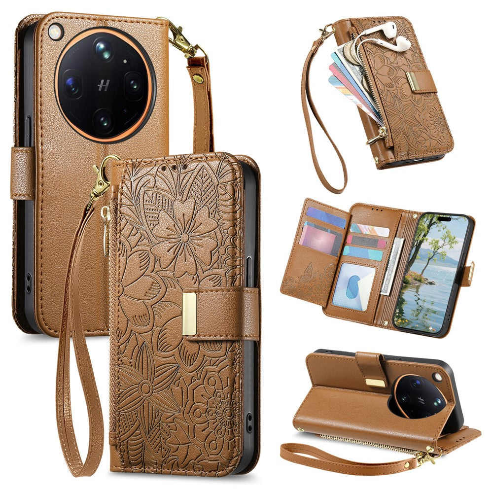 For Oppo Find X9 Ultra 5G Case Floral Leaf Pattern Multi Card Slots Zipper Leather Phone Cover with Wrist Strap