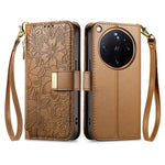 For Oppo Find X9 Ultra 5G Case Floral Leaf Pattern Multi Card Slots Zipper Leather Phone Cover with Wrist Strap