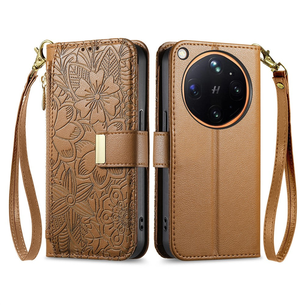 For Oppo Find X9 Ultra 5G Case Floral Leaf Pattern Multi Card Slots Zipper Leather Phone Cover with Wrist Strap