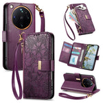 For Oppo Find X9 Ultra 5G Case Floral Leaf Pattern Multi Card Slots Zipper Leather Phone Cover with Wrist Strap