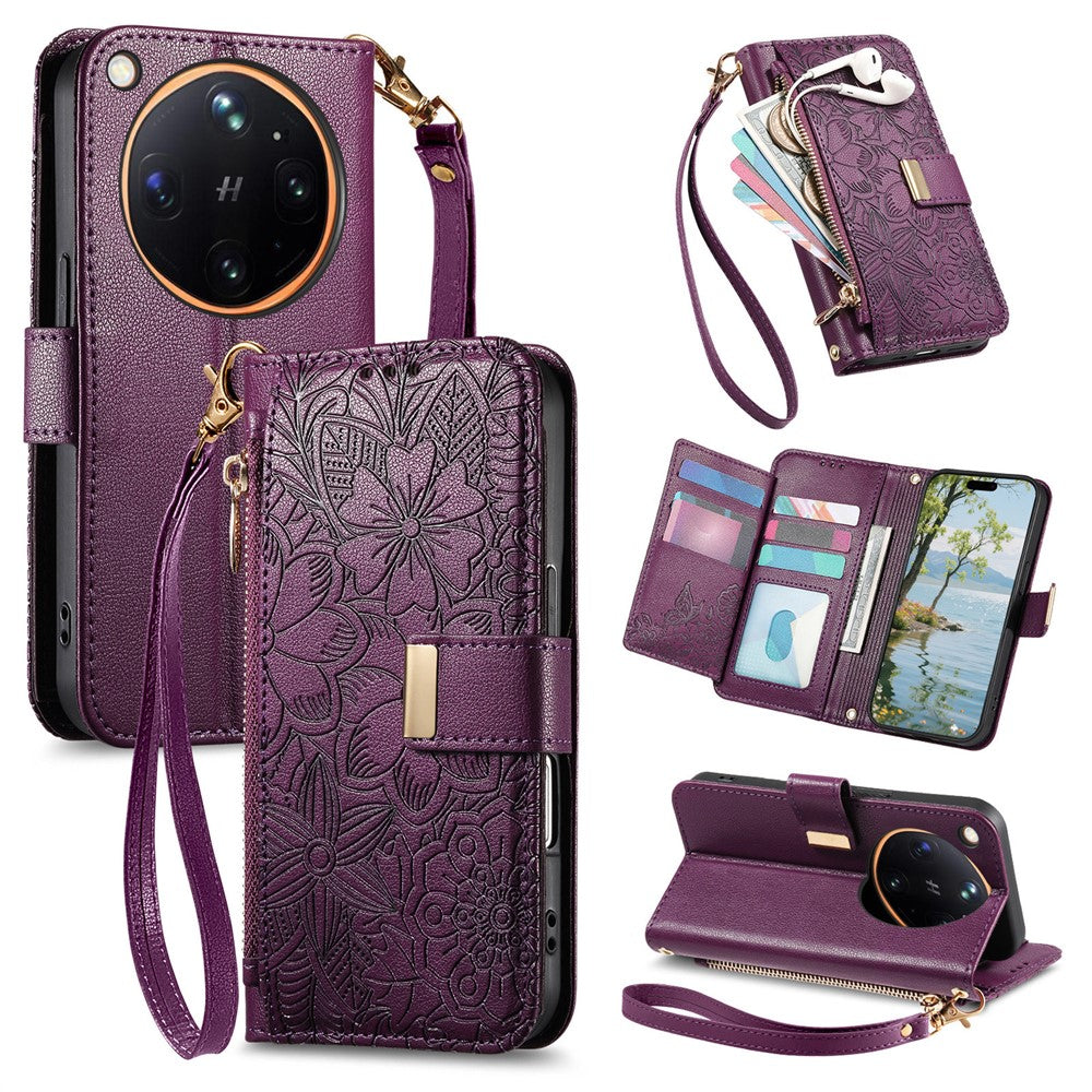 For Oppo Find X9 Ultra 5G Case Floral Leaf Pattern Multi Card Slots Zipper Leather Phone Cover with Wrist Strap
