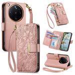 For Oppo Find X9 Ultra 5G Case Floral Leaf Pattern Multi Card Slots Zipper Leather Phone Cover with Wrist Strap