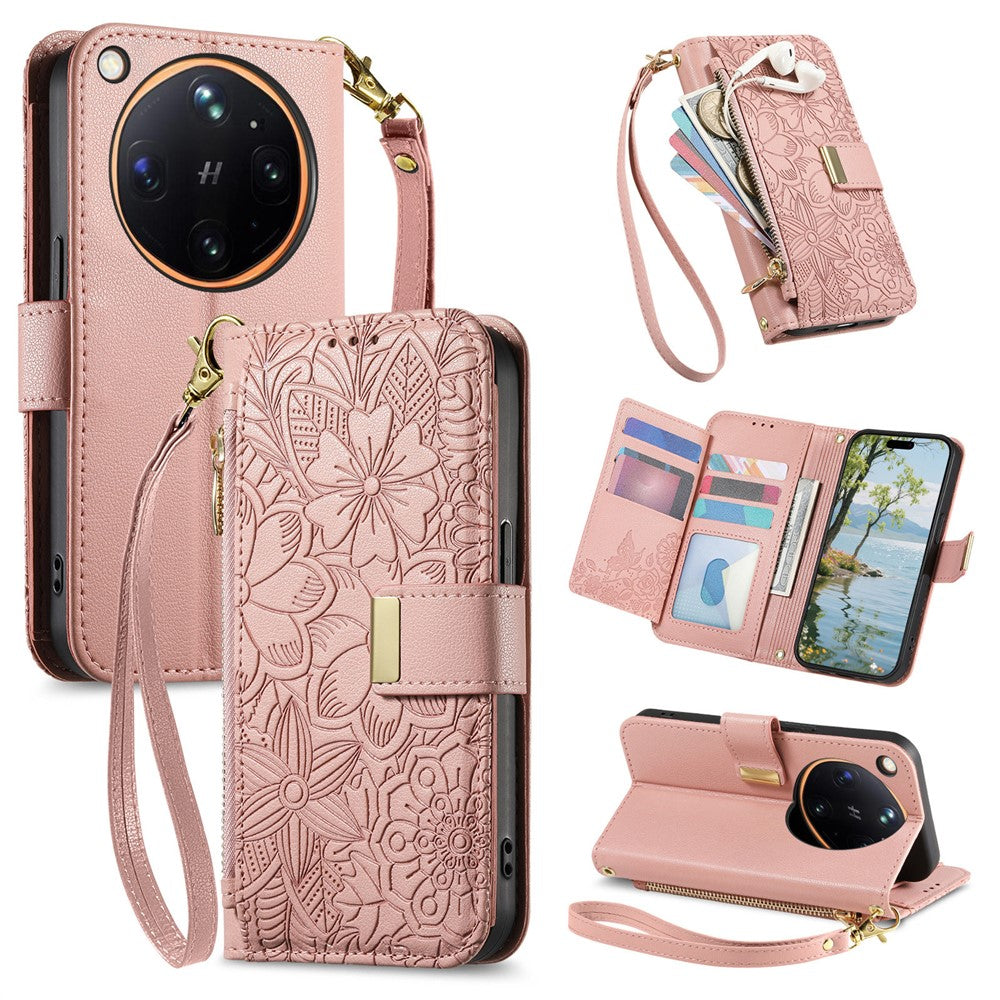 For Oppo Find X9 Ultra 5G Case Floral Leaf Pattern Multi Card Slots Zipper Leather Phone Cover with Wrist Strap