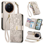For Oppo Find X9 Ultra 5G Case Floral Leaf Pattern Multi Card Slots Zipper Leather Phone Cover with Wrist Strap