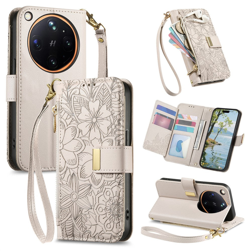 For Oppo Find X9 Ultra 5G Case Floral Leaf Pattern Multi Card Slots Zipper Leather Phone Cover with Wrist Strap