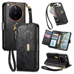 For Oppo Find X9 Ultra 5G Case Floral Leaf Pattern Multi Card Slots Zipper Leather Phone Cover with Wrist Strap
