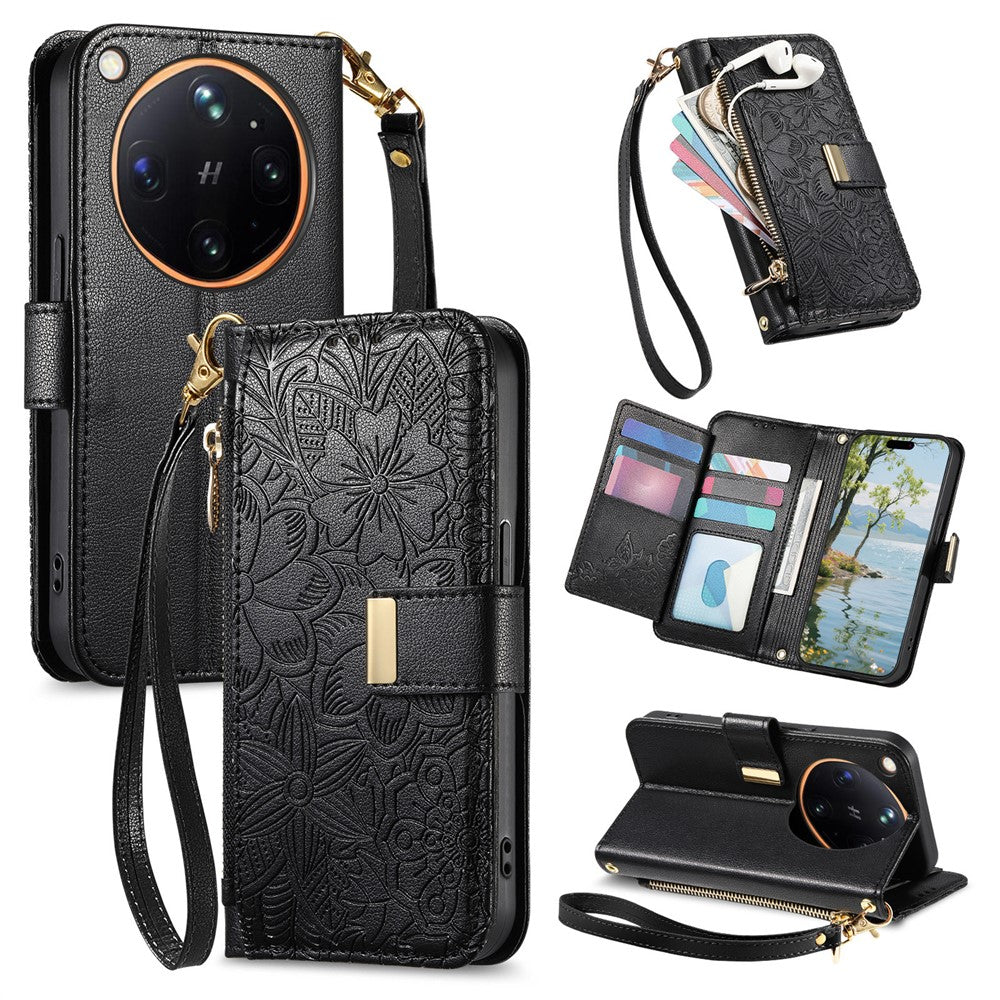 For Oppo Find X9 Ultra 5G Case Floral Leaf Pattern Multi Card Slots Zipper Leather Phone Cover with Wrist Strap