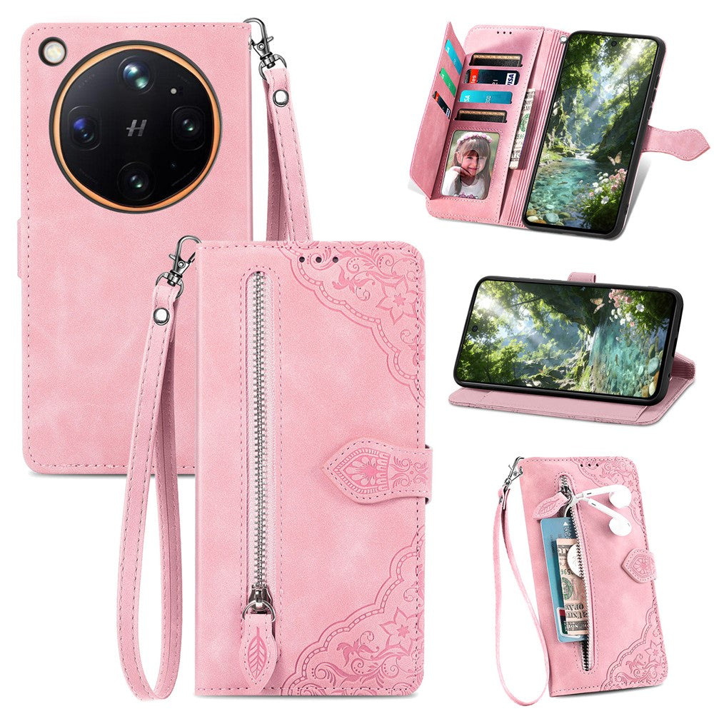 For Oppo Find X9 Ultra 5G Zipper Wallet Case with Strap Flower Imprint PU Leather Phone Cover
