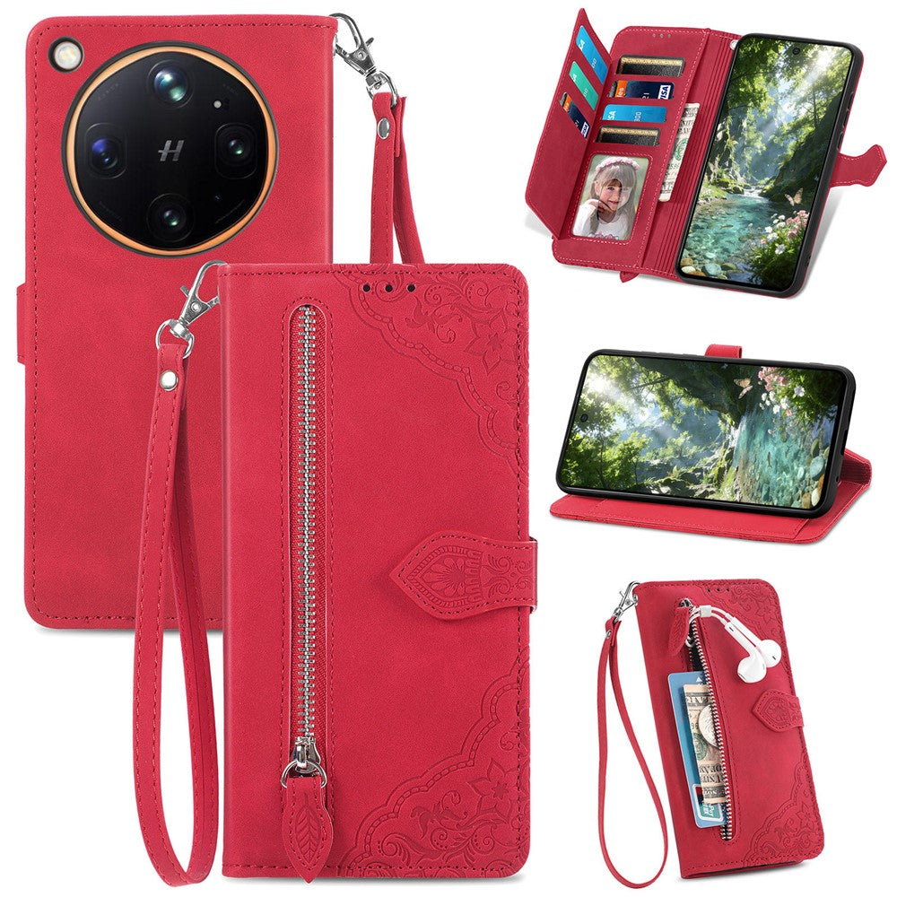 For Oppo Find X9 Ultra 5G Zipper Wallet Case with Strap Flower Imprint PU Leather Phone Cover