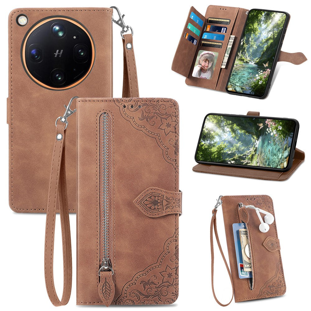 For Oppo Find X9 Ultra 5G Zipper Wallet Case with Strap Flower Imprint PU Leather Phone Cover