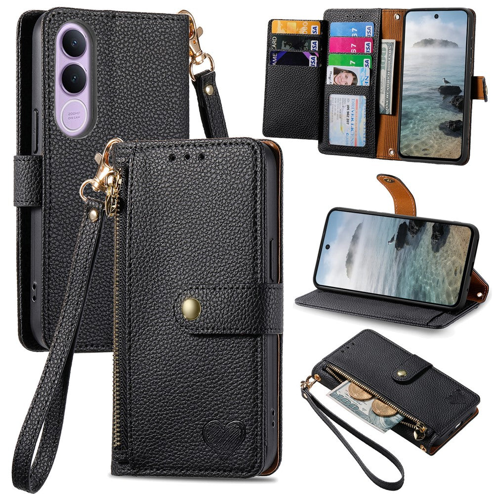 For vivo V70 FE 5G Case RFID Blocking Zipper Pocket Leather Wallet Phone Cover with Strap