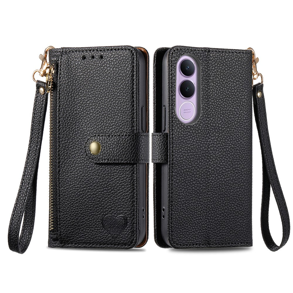 For vivo V70 FE 5G Case RFID Blocking Zipper Pocket Leather Wallet Phone Cover with Strap