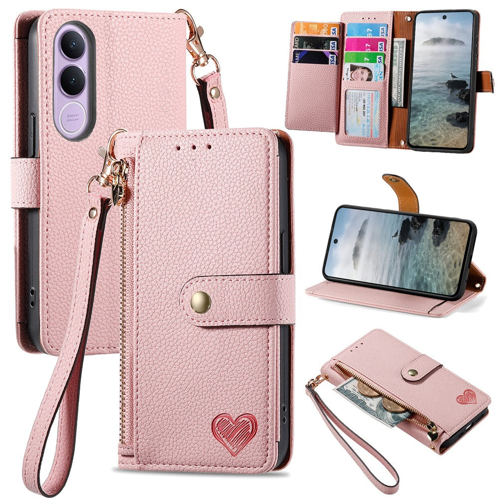 For vivo V70 FE 5G Case RFID Blocking Zipper Pocket Leather Wallet Phone Cover with Strap