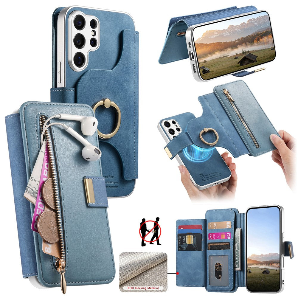 For Samsung Galaxy S26 Ultra Case RFID Blocking Detachable Magnetic Leather Phone Cover with Ring Holder