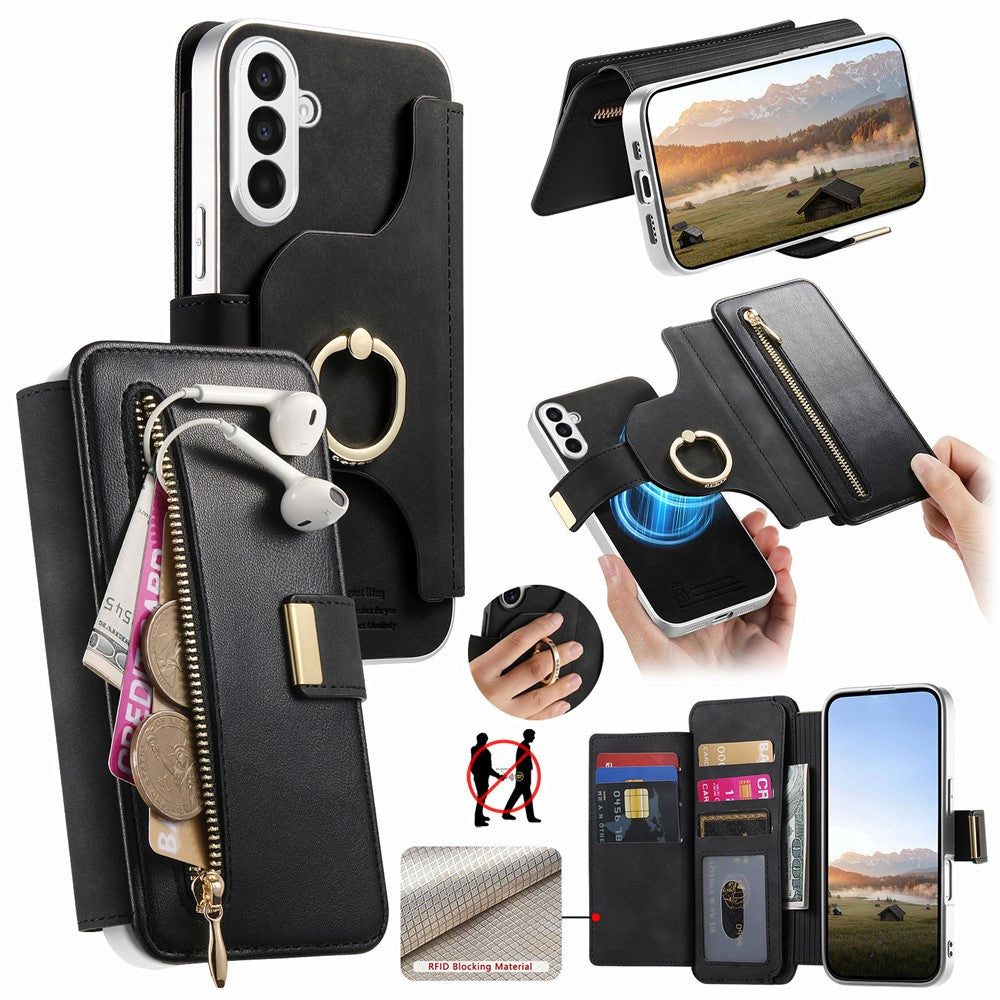 For Samsung Galaxy A27 5G Case RFID Blocking Detachable Magnetic Leather Phone Cover with Ring Holder