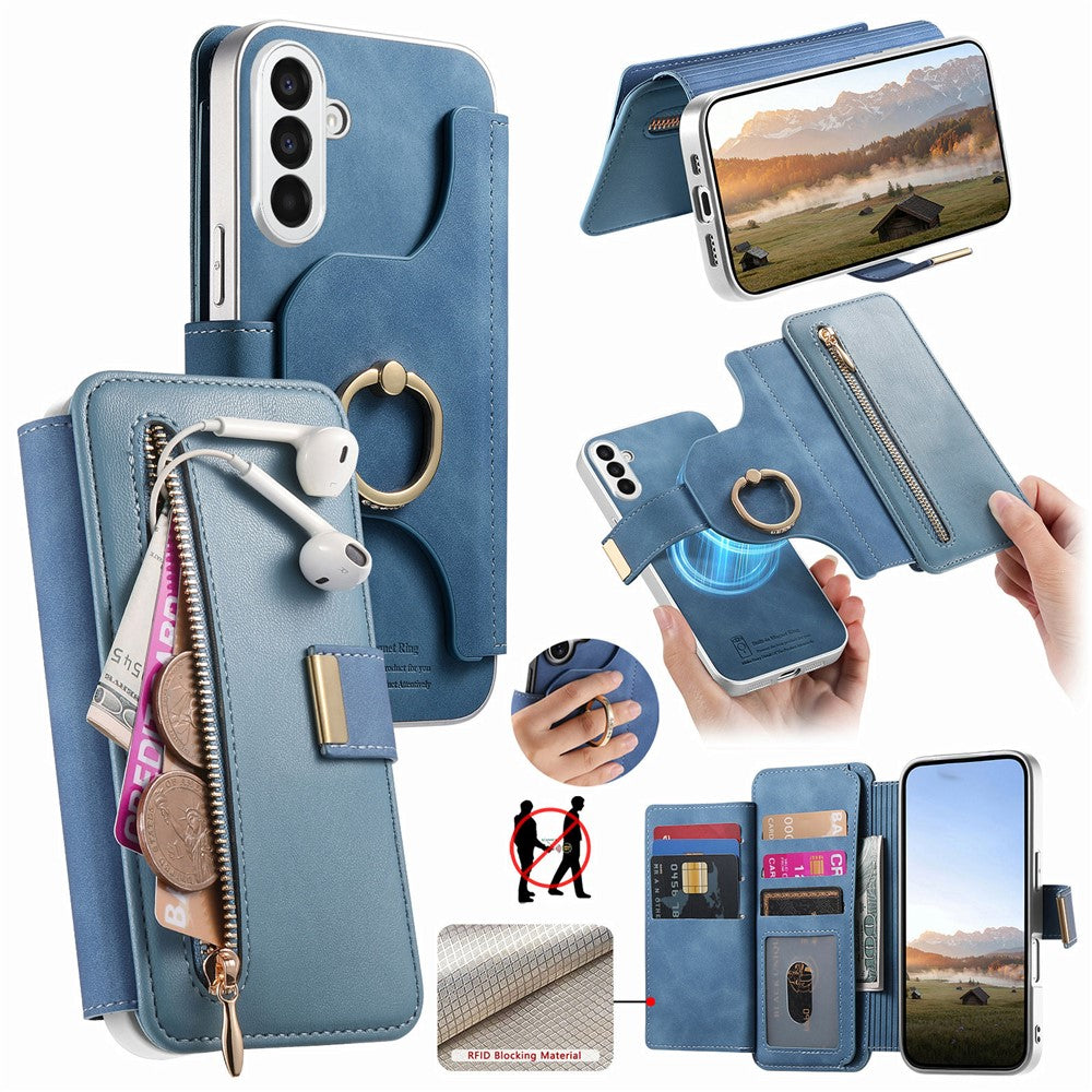 For Samsung Galaxy A27 5G Case RFID Blocking Detachable Magnetic Leather Phone Cover with Ring Holder
