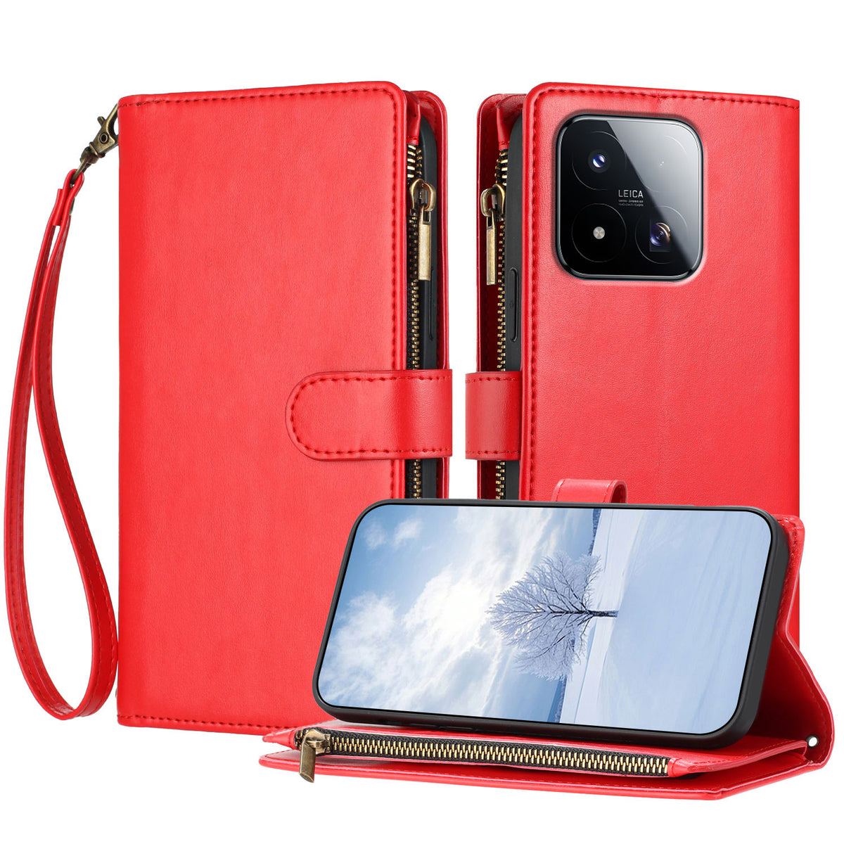For Xiaomi 17 Max Leather Case Zipper Wallet Stand Shockproof Phone Cover with Wrist Strap